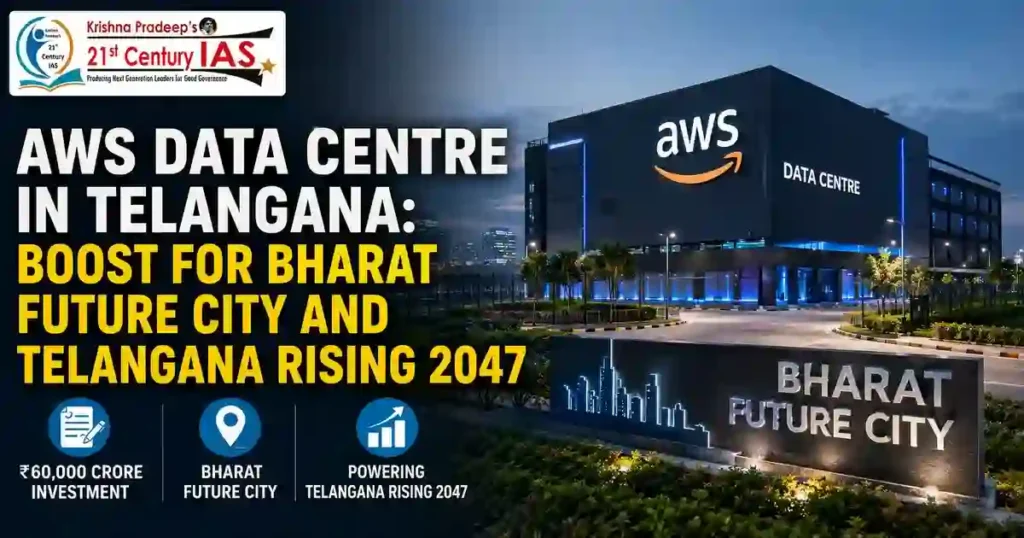 AWS Data Centre Telangana infographic showing digital infrastructure development.